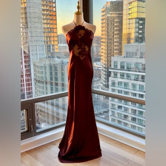 🆕 SELF PORTRAIT 🧿 NWOT Brown Satin Maxi Dress, Sz UK 10 / US 6 - Picture 6 of 16